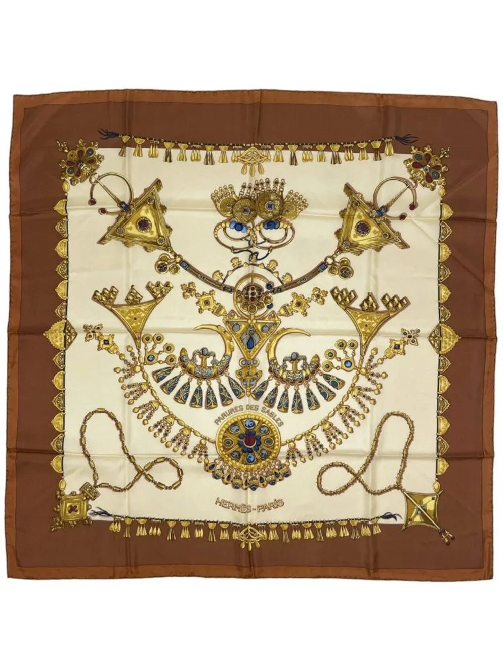 Hermes Carre 90 Parures Des Sables Scarf Desert Silk Brown Multicolor